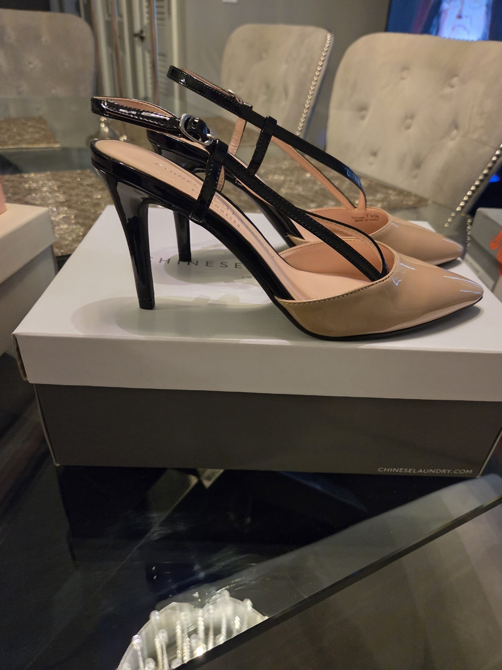 Chinese Laundry Nude Patent Pointed Slingback Pumps with Black Straps